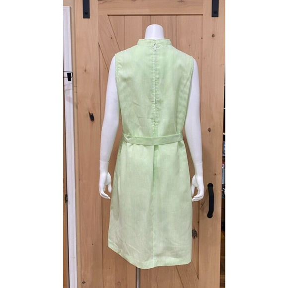 Vintage Seersucker Dress Green White Stripe Belted Sleeveless 18 1/2 - Picture 4 of 12